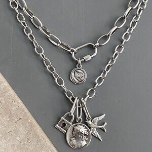 NEW, 2 layered silver necklaces; steel NON TARNISH CHAIN, plated COIN BIRD LOCK